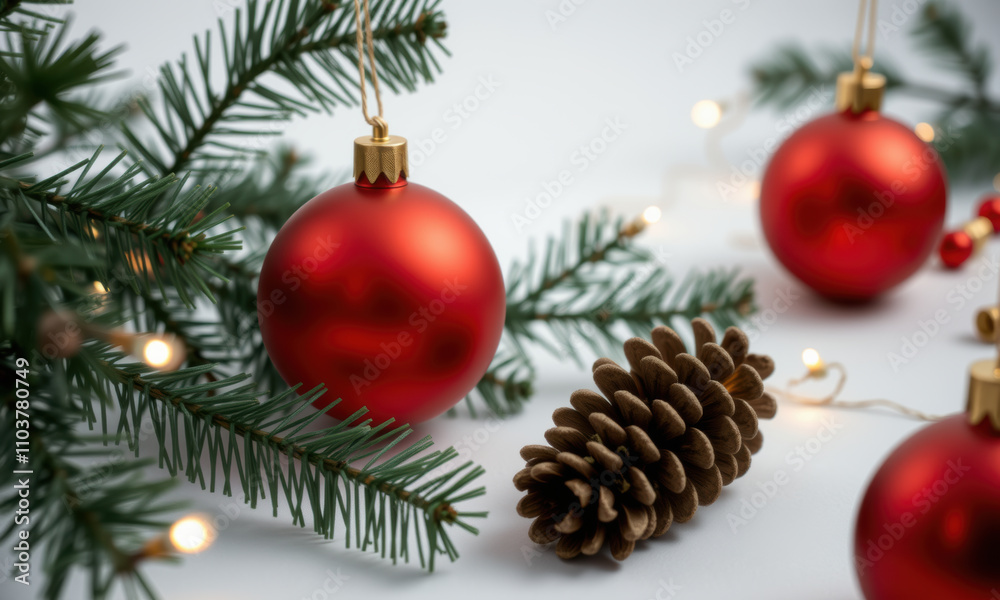 Christmas decoration with red ornaments, pine cones, and greenery creates festive atmosphere. warm lights enhance holiday spirit beautifully Christmas decoration with red ornaments, pine cones, and greenery creates festive atmosphere. warm lights enhance holiday spirit beautifully