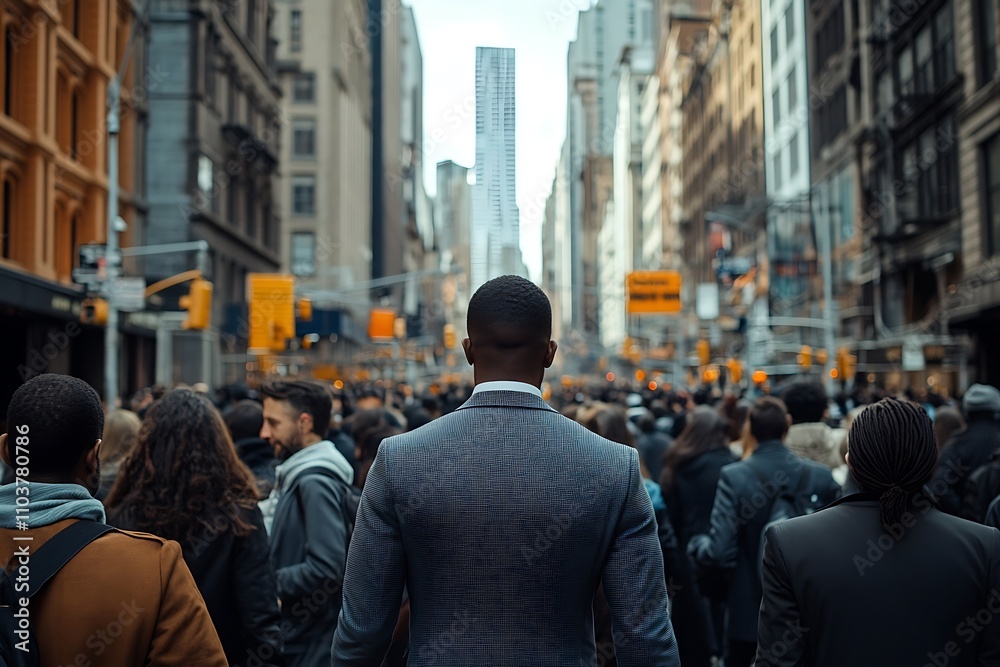 Obraz premium Back View Man in Suit, Diverse City Crowd, Rush Hour