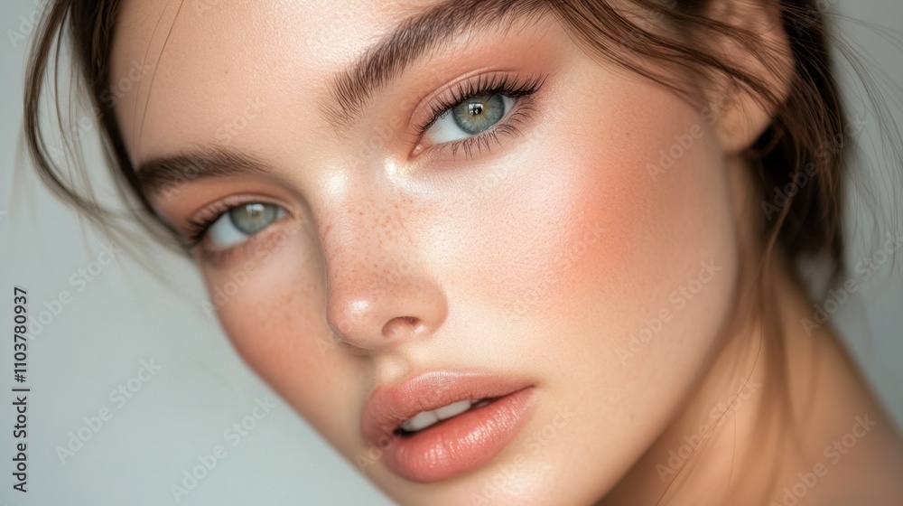 Obraz premium Close-up of a woman face with well-defined features, focusing on her eyes and natural elegance for a beauty concept.