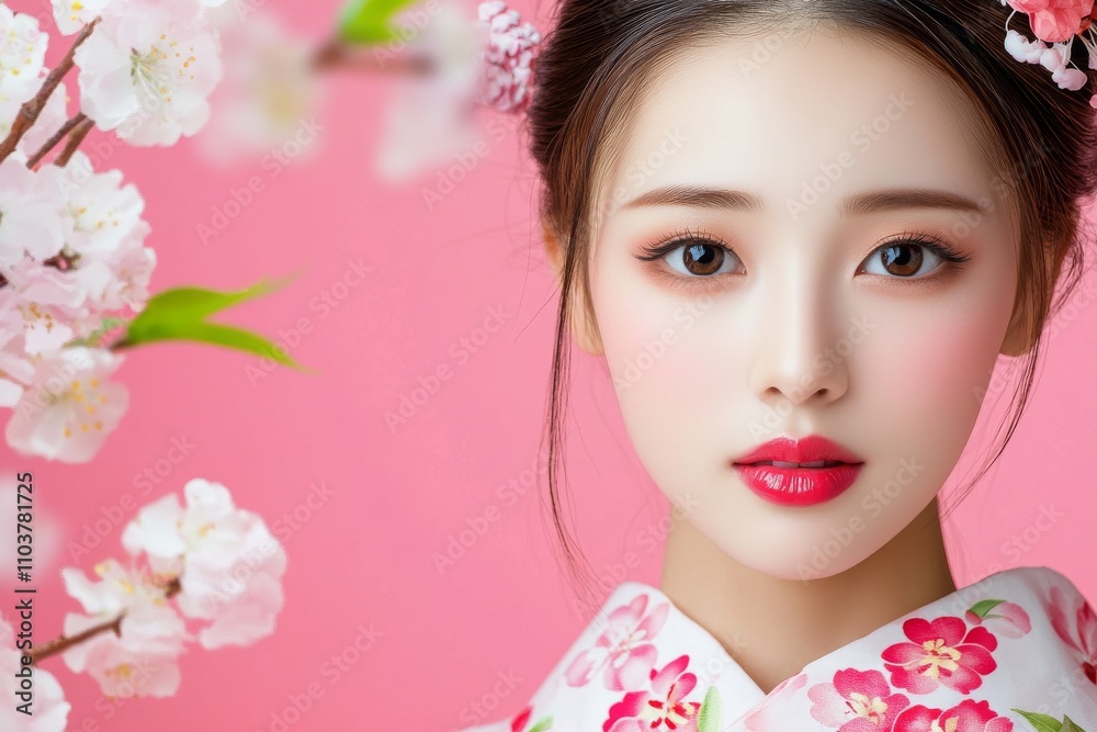 A serene portrait of a woman in a floral kimono, set against a pink background, featuring delicate cherry blossoms and an elegant, soft makeup look. A serene portrait of a woman in a floral kimono, set against a pink background, featuring delicate cherry blossoms and an elegant, soft makeup look.