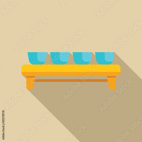 Four blue bowls are neatly arranged on a simple yellow shelf, adding a touch of minimalist design to a modern kitchen