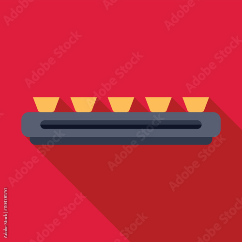 Five identical items moving along a factory conveyor belt, symbolizing mass production and industrial processes
