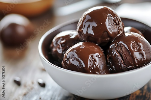 Ice cream balls with chocolate glaze in bowl on wooden background