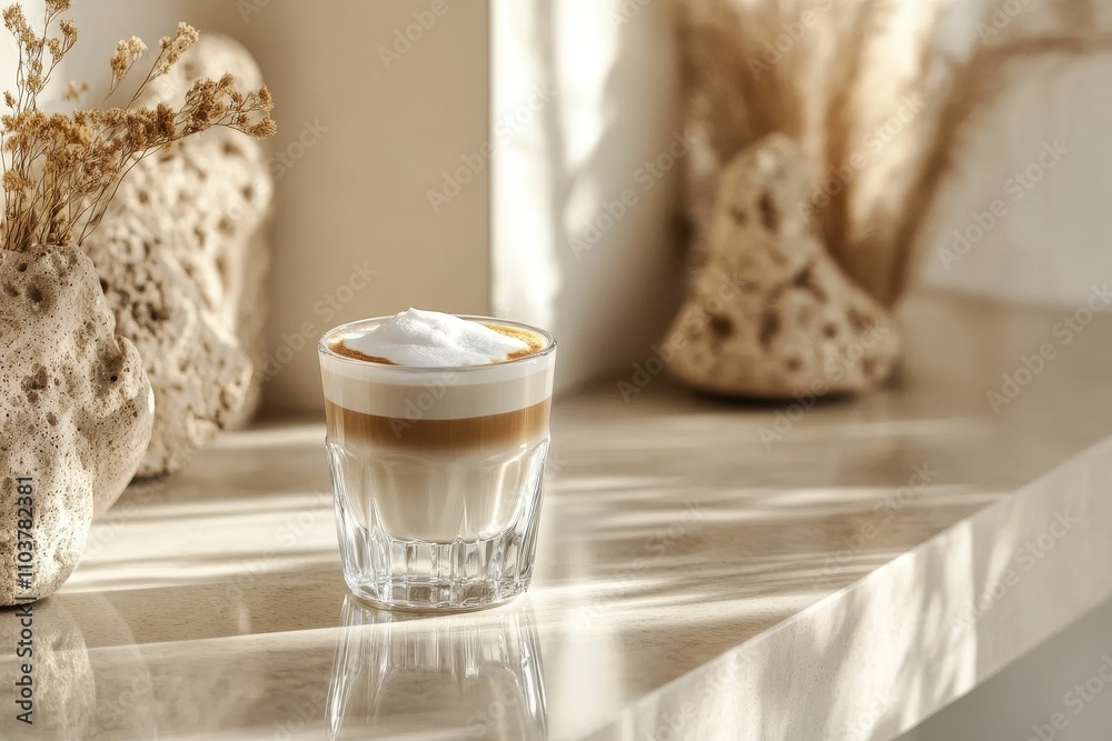 Latte art in glass, sunlit surface, beige decor. Latte art in glass, sunlit surface, beige decor.