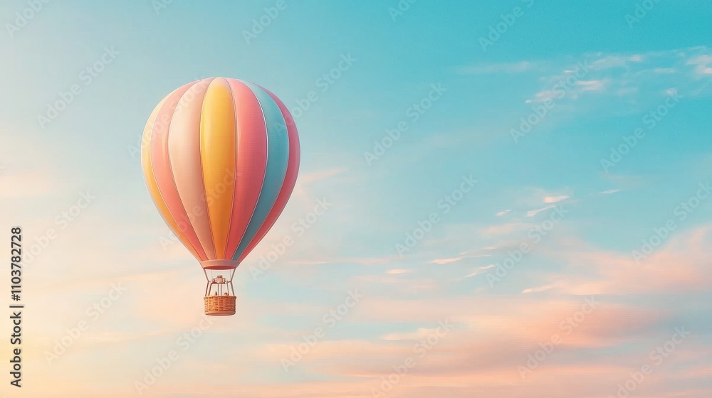 Fototapeta premium A vibrant hot air balloon floats gracefully in a clear blue sky during sunrise, offering a serene travel experience and a picturesque adventure.