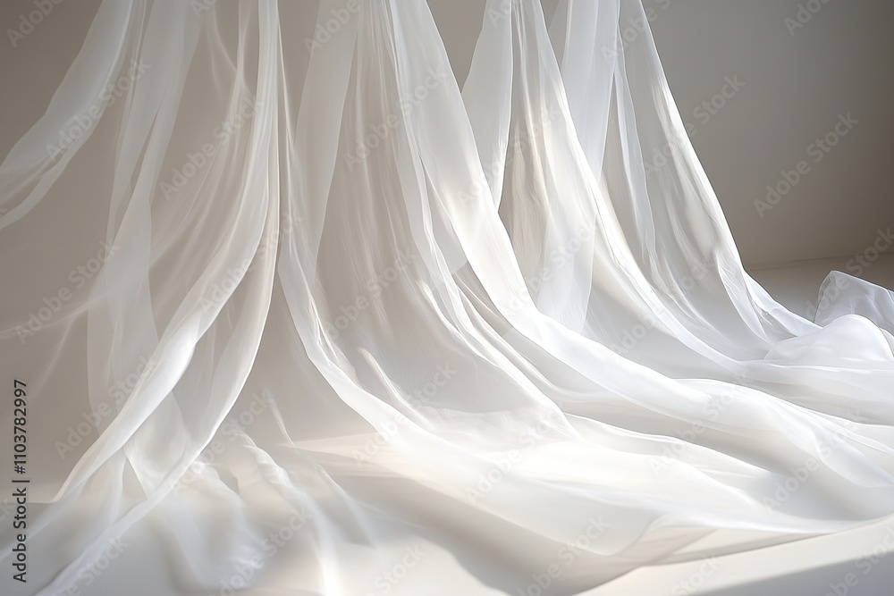 White flowing chiffon curtains with soft light. White flowing chiffon curtains with soft light.