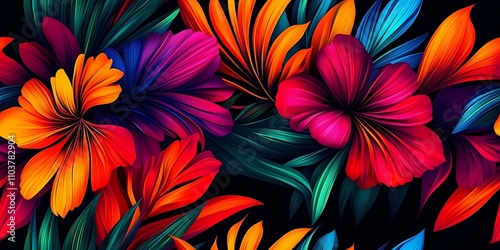 Tropical Bliss: Modern Botanical Print on Black