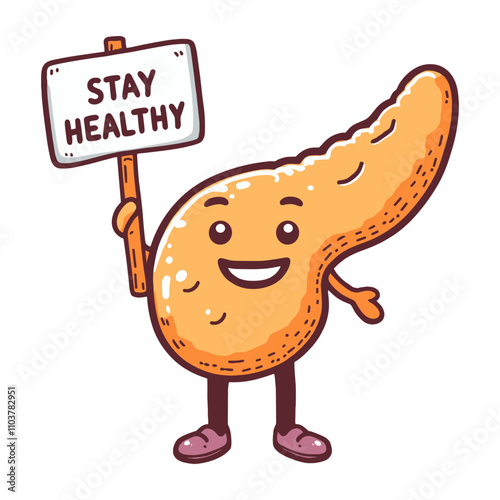 happy pancreas holding a Stay Healthy sign, World Diabetes Day illustration