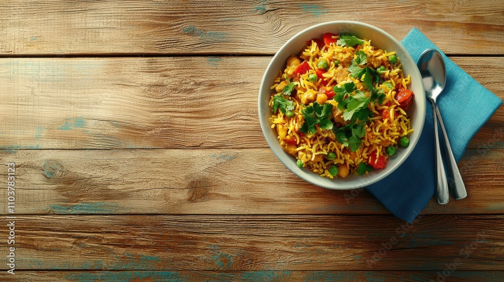 Colorful Vegetable Rice Dish with Fresh Herbs on Rustic Table Indian food cuisine Colorful Vegetable Rice Dish with Fresh Herbs on Rustic Table Indian food cuisine