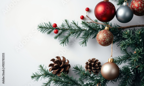 festive arrangement of pine branches adorned with colorful Christmas ornaments, including red, silver, and gold balls, along with pine cones, creating joyful holiday atmosphere