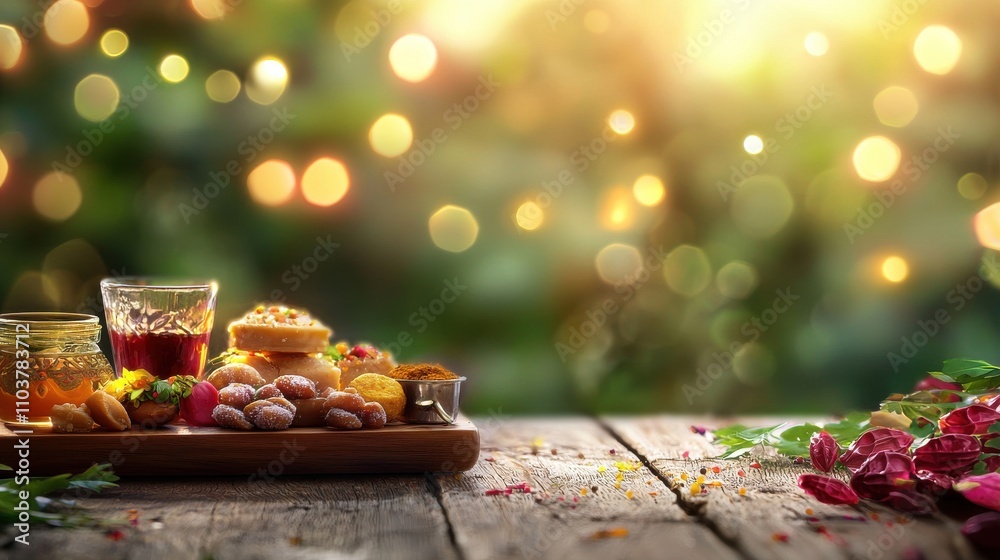 Warmly Lit Dessert Platter with Tea and Sweet Treats on Table Indian food cuisine Warmly Lit Dessert Platter with Tea and Sweet Treats on Table Indian food cuisine