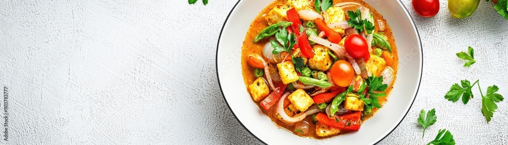 Colorful Paneer Gravy with Vegetables and Garnish on White Plate Indian food cuisine