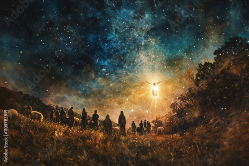 Shepherds in a field under a starry night, their faces illuminated by the light of a heavenly angel, announcing the birth of Jesus in a soft watercolor style with a glowing, celestial sky