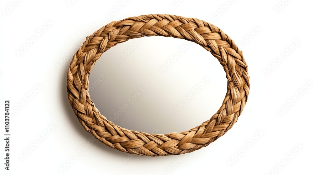 Woven mirror frame, round design, isolated on a white background.