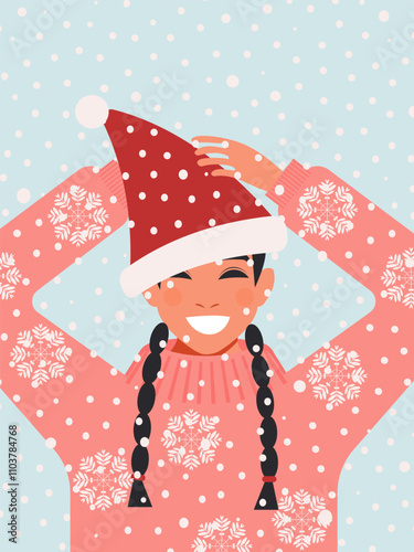 A young woman in a pink winter sweater and a red hat with a bubo enjoys the snowfall and New Year holidays, improving her mental health. Vector.