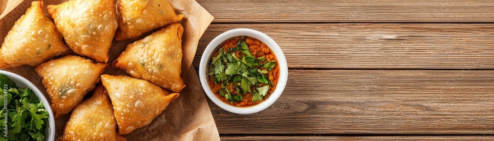 Delicious Crispy Samosas Served with Spicy Chutney and Herbs Indian food cuisine Delicious Crispy Samosas Served with Spicy Chutney and Herbs Indian food cuisine
