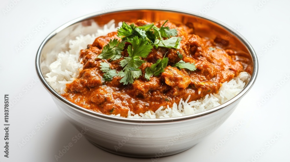Delicious Chicken Curry Served Over Steamed White Rice in Bowl Indian food cuisine Delicious Chicken Curry Served Over Steamed White Rice in Bowl Indian food cuisine