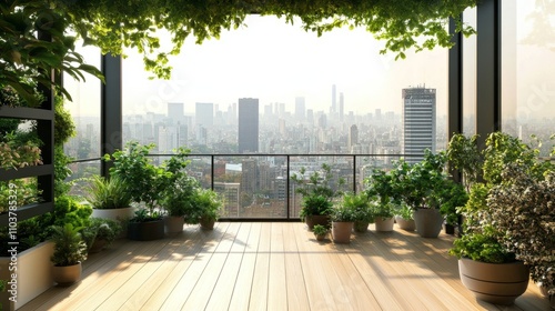 Wallpaper Mural A calming balcony space with wooden floors, potted greenery, and a breathtaking city skyline, blending nature with urban elegance. Torontodigital.ca