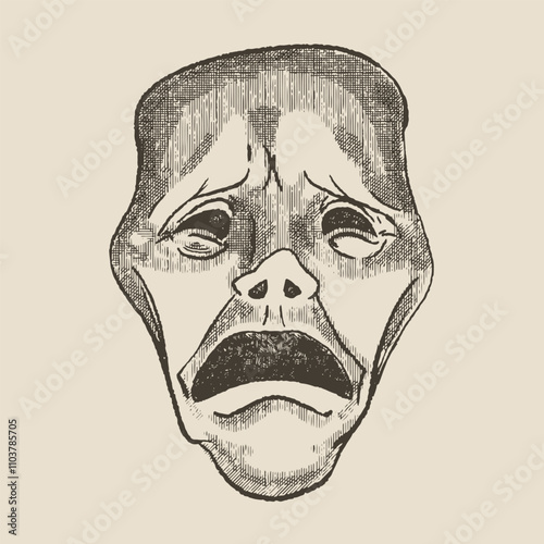 Sad theatre mask, illustration in the style of a medieval engraving
