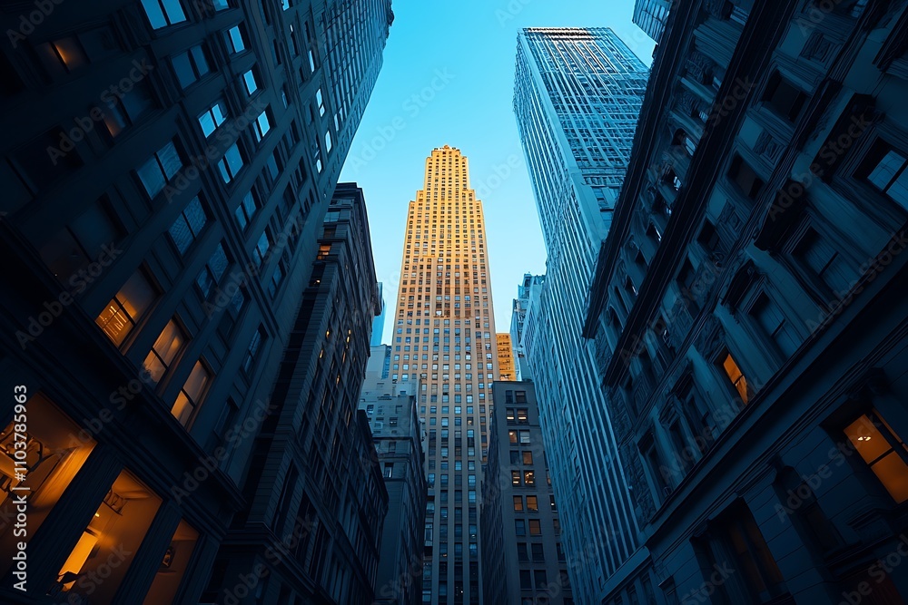 Blue Hour Cityscape Mans Back View, High-Rise Details Blue Hour Cityscape Mans Back View, High-Rise Details