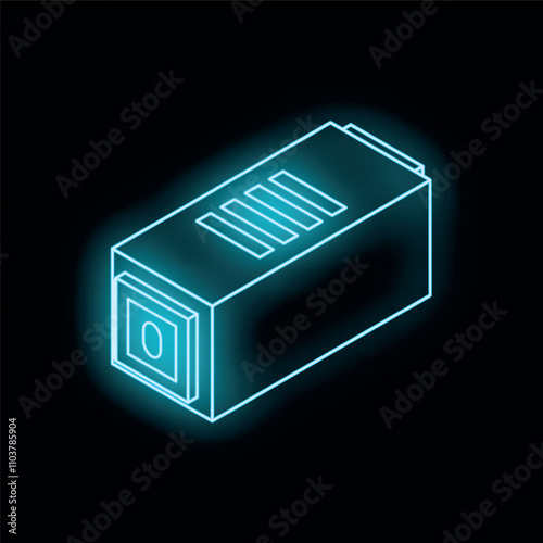 Neon blue glowing usb flash drive icon on a black background representing the concept of data storage