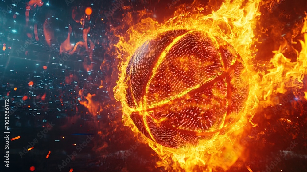 A basketball engulfed in flames, with sparks flying around it. A basketball engulfed in flames, with sparks flying around it.