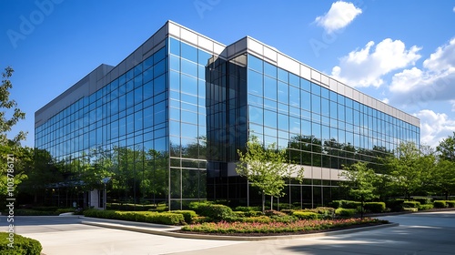 Modern glass office building on a sunny day.