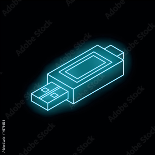 Bright blue neon usb flash drive glowing on a black background