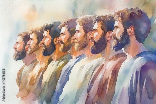 The twelve disciples depicted in watercolor, their faces filled with faith and reverence, with soft brushstrokes capturing their unique personalities under a gentle heavenly glow photo