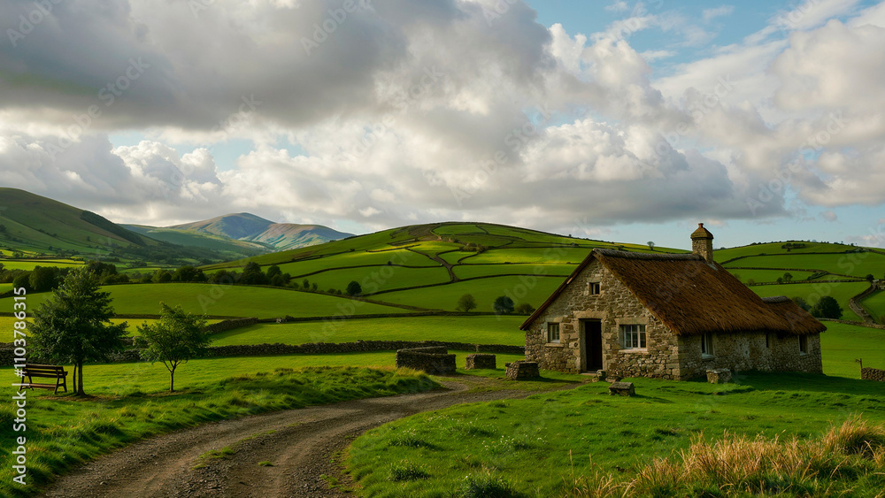 Tranquil rural landscape in Ireland featuring a thatched cottage and green pastures Tranquil rural landscape in Ireland featuring a thatched cottage and green pastures