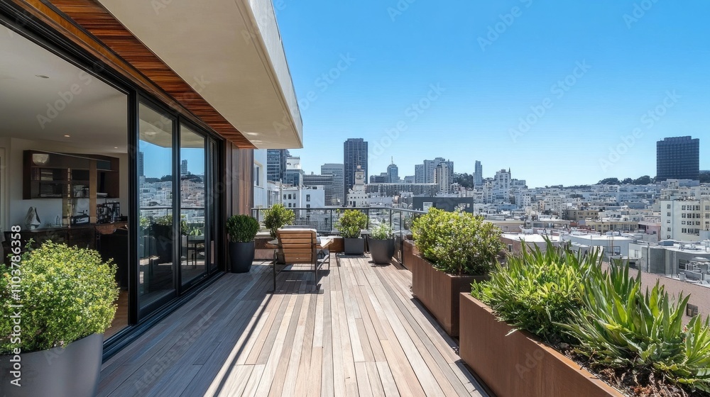 A chic modern balcony featuring wooden flooring, lush plants in elegant planters, and breathtaking city skyline views under a clear blue sky