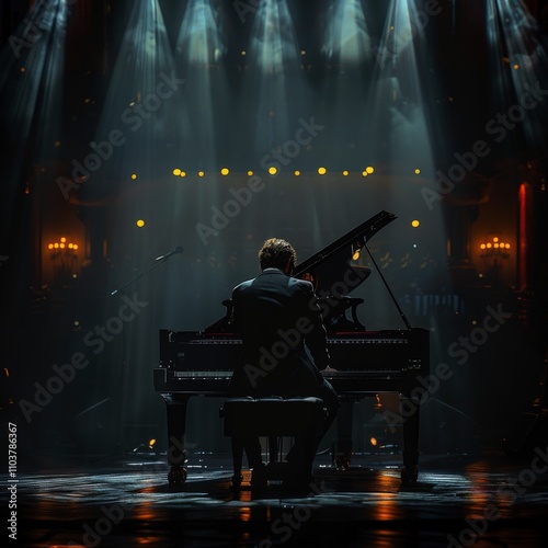 Captivating Solo Pianist Performing on Grand Stage Amidst Dramatic Illuminations and Atmospheric Lighting Effects in Concert Hall