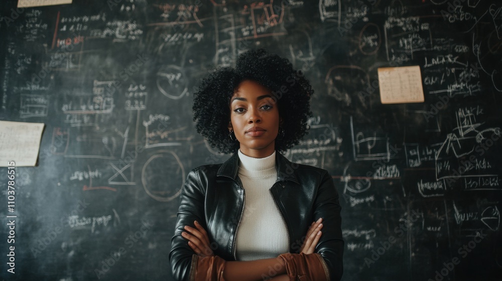 Energetic woman poses before a chalkboard crowded with intricate math equations and symbols, symbolizing knowledge and empowerment.