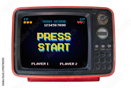 PRESS START. pixel art 8-bit game retro game. Retro Futurism Sci-Fi Background. glowing neon grid. on old retro television. Isolated on white background.