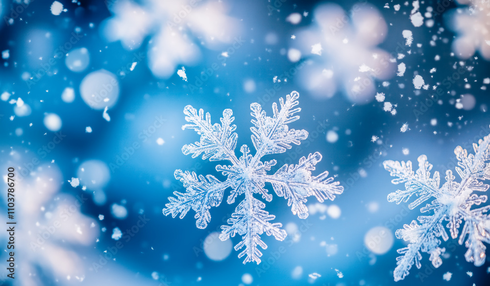 Closeup snowflakes falling on the blue background. Winter theme. Card and banner concept. Closeup snowflakes falling on the blue background. Winter theme. Card and banner concept.