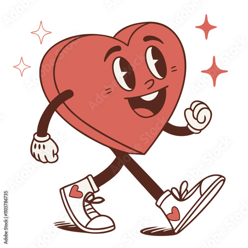 Cute heart character walking with joy and charm in a playful cartoon style for Valentine's Day celebrations retro groovy style