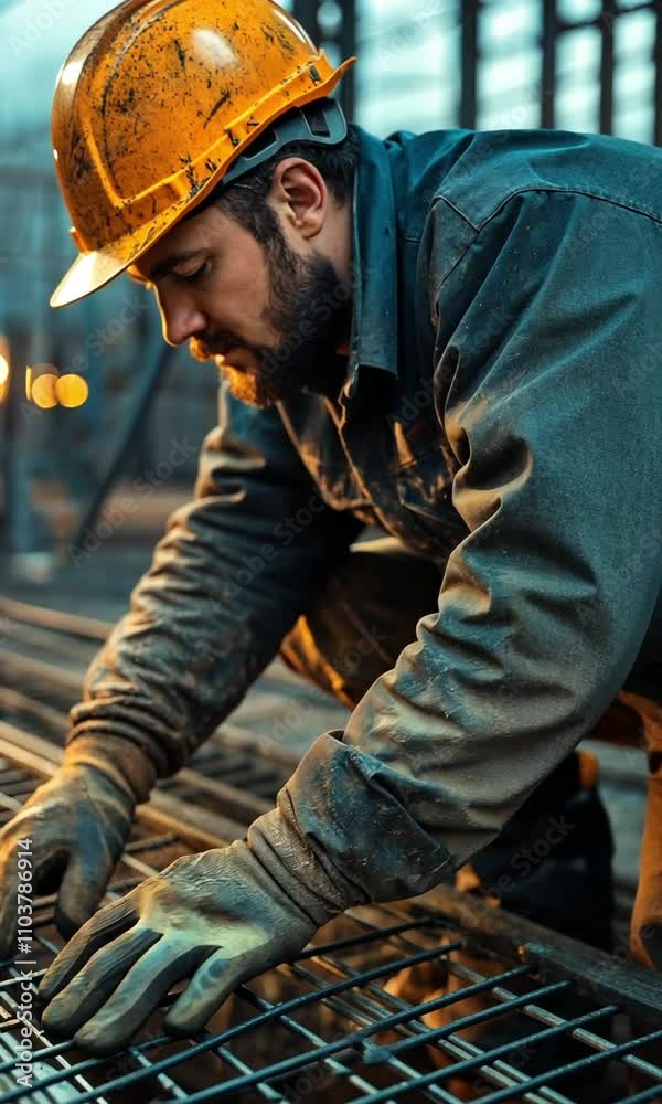 At Prefabricated Concrete Walls Manufacturing, a man wearing a safety hard hat is working on steel wire mesh for concrete slab reinforcement. At Prefabricated Concrete Walls Manufacturing, a man wearing a safety hard hat is working on steel wire mesh for concrete slab reinforcement.