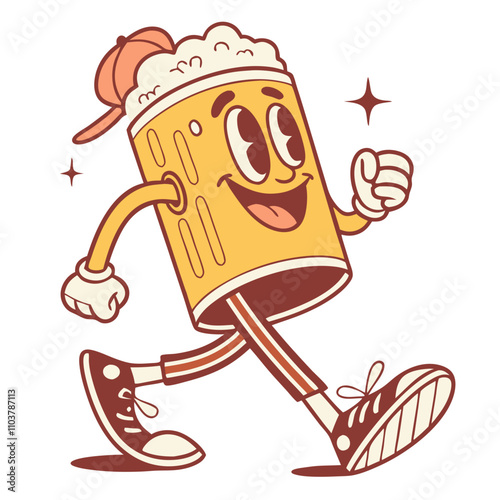 Funny cartoon patch of a cheerful beer glass character wearing a cap and sneakers having a great time retro groovy style