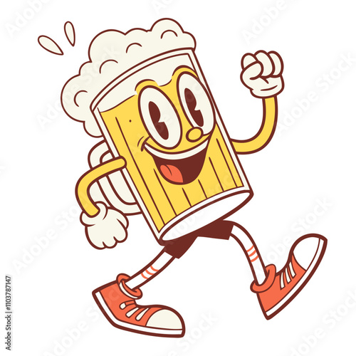 Funny cartoon patch of a cheerful glass of beer with arms and legs, joyfully running with a big smile retro groovy style