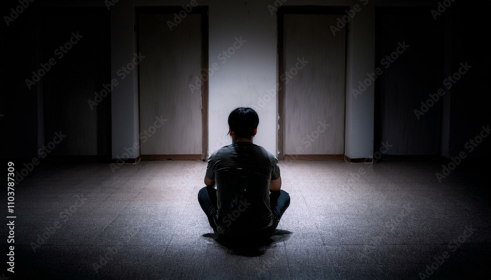 어두운 방 한가운데 앉아있는 사람이 등을 돌리고 있는 장면 어두운 방 한가운데 앉아있는 사람이 등을 돌리고 있는 장면