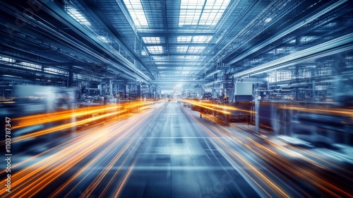 Long exposure shot large industrial factory workshop has A futuristic image illustrating