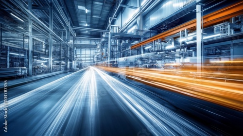 Long exposure shot large industrial factory workshop is A futuristic image illustrating