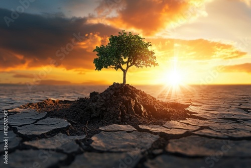 A lone tree standing in cracked, arid soil under a burning sun, with blank space for text above. This image illustrates the impact of global warming and droughts on the planet’s ecosystems