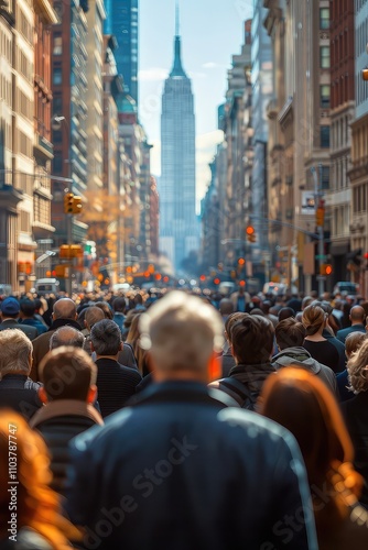 A blurred crowd of business people in the streets of the business district of the city against the backdrop of skyscrapers. Business district, vibrant blur.