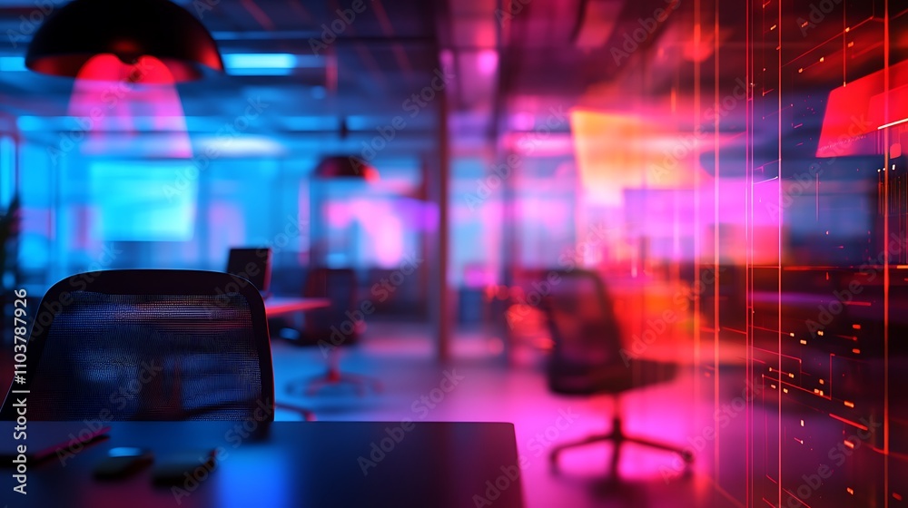 Vibrant modern office at night, illuminated in pink and blue hues.