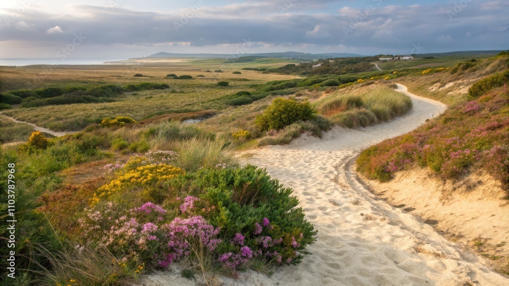 Sandy Pathway Through a Scenic Coastal Dune Landscape Sandy Pathway Through a Scenic Coastal Dune Landscape
