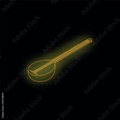 Golden glowing saz baglama, a traditional turkish stringed musical instrument, on a black background