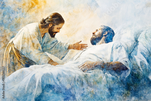 Jesus healing a paralyzed man, his hand reaching out to restore him. The watercolor uses soft shades of blue and gold to emphasize grace, healing, and divine intervention.