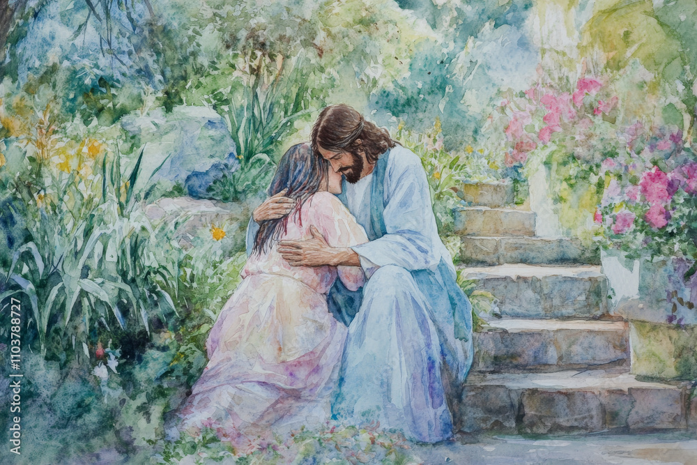 Fototapeta premium A tender watercolor of Jesus comforting a grieving woman in a quiet garden. The scene uses soft blues, pinks, and greens to evoke a sense of comfort, peace, and love.