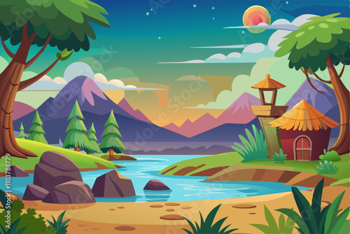 Peaceful landscape with mountains, clouds, and river.